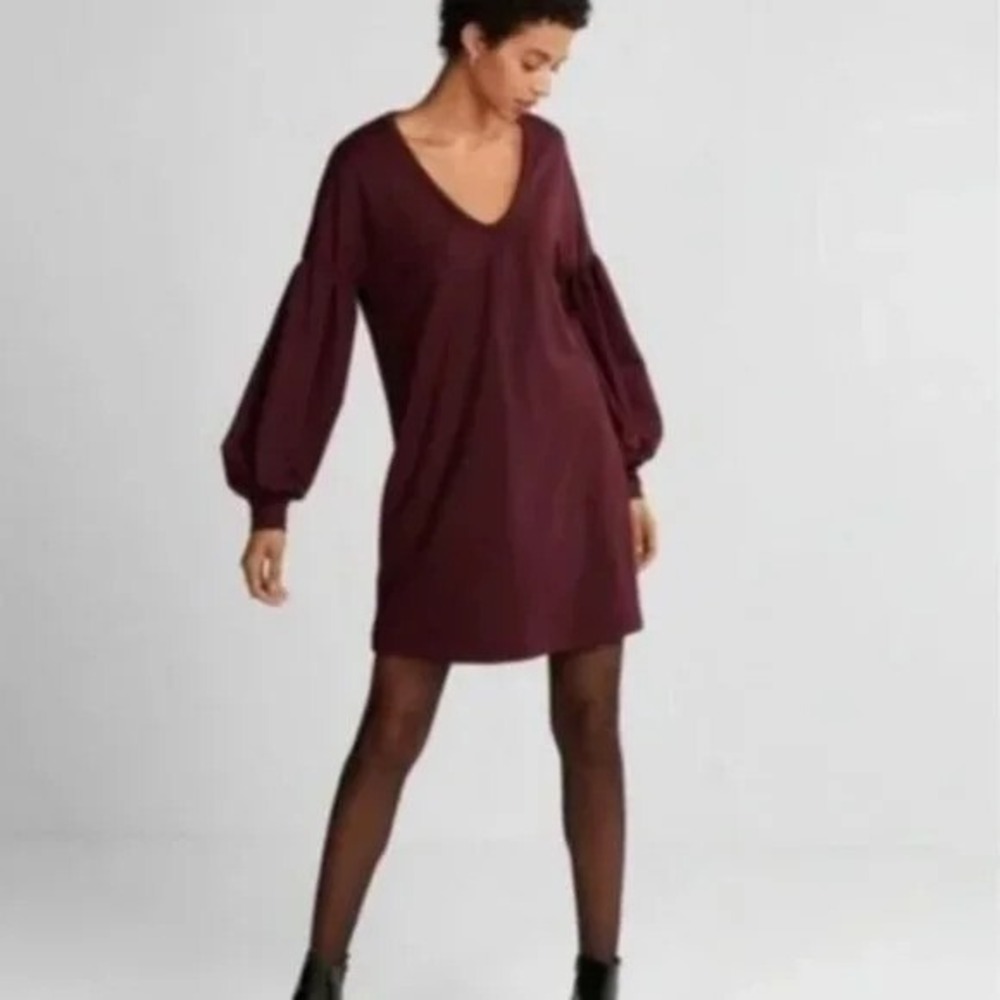 Express Women's Burgundy Ponte‎ Knit Balloon Sleeve Shift Dress Size M Oversized